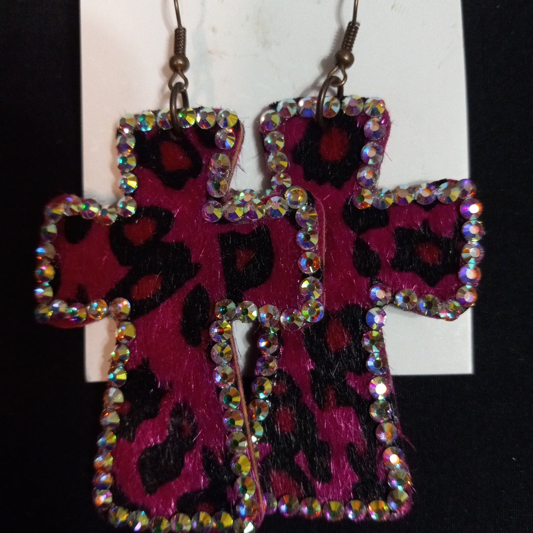 AB Crystal Leather Leopard Print Cross Drop Earrings