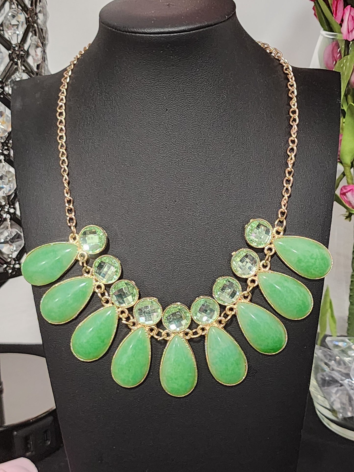 Gold with Green Stones Fashion Necklace