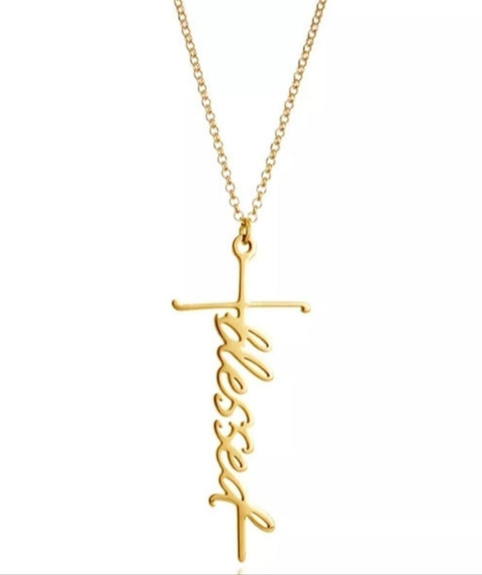 Cross /Faith, Jesus, Blessed, Believe, Pray, Fearless and Strength Silver or Gold Plated Pendant Necklace with 18inch chain
