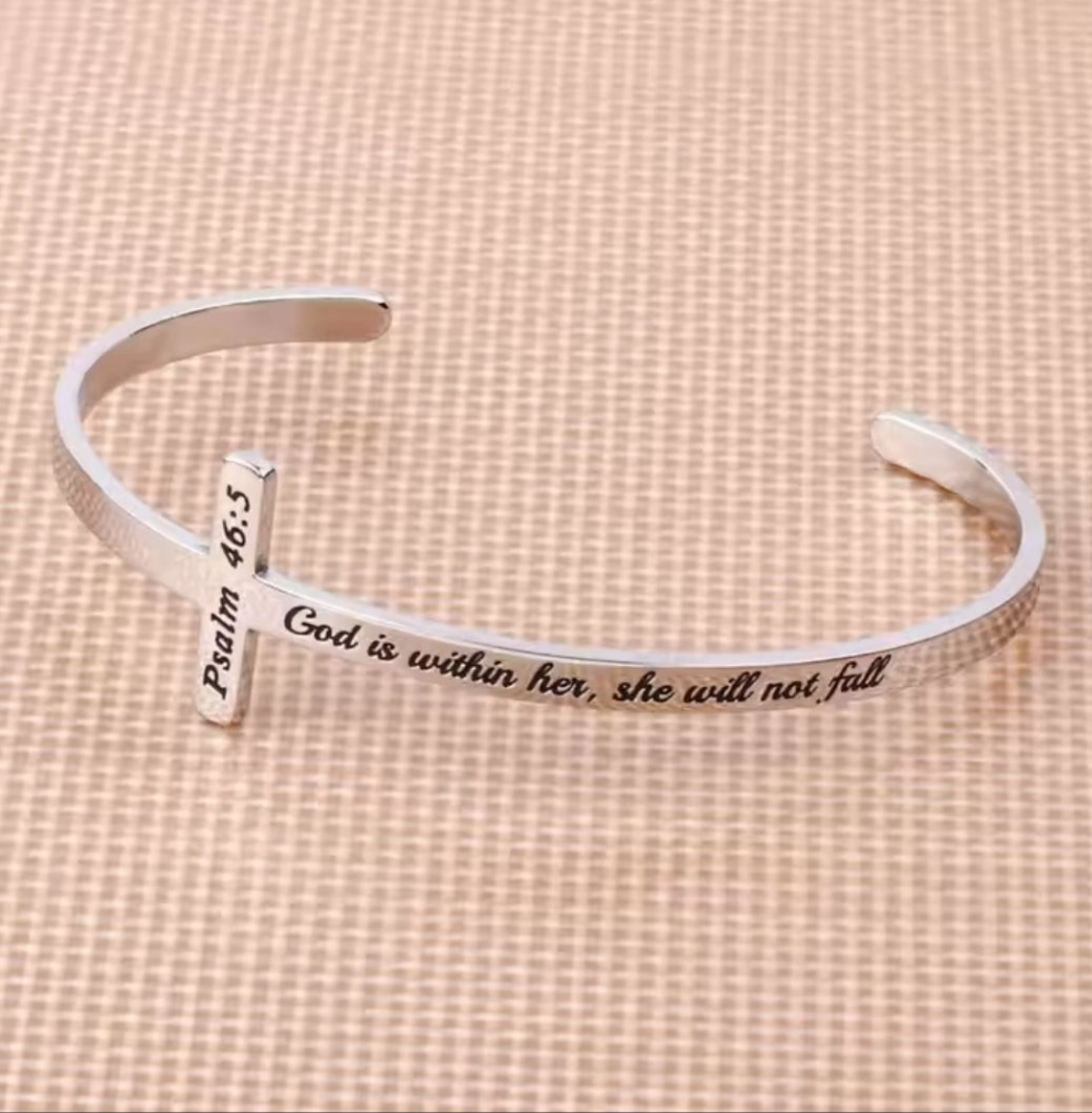 Silver Stainless Steel Scripture Open Cuff Bracelets
