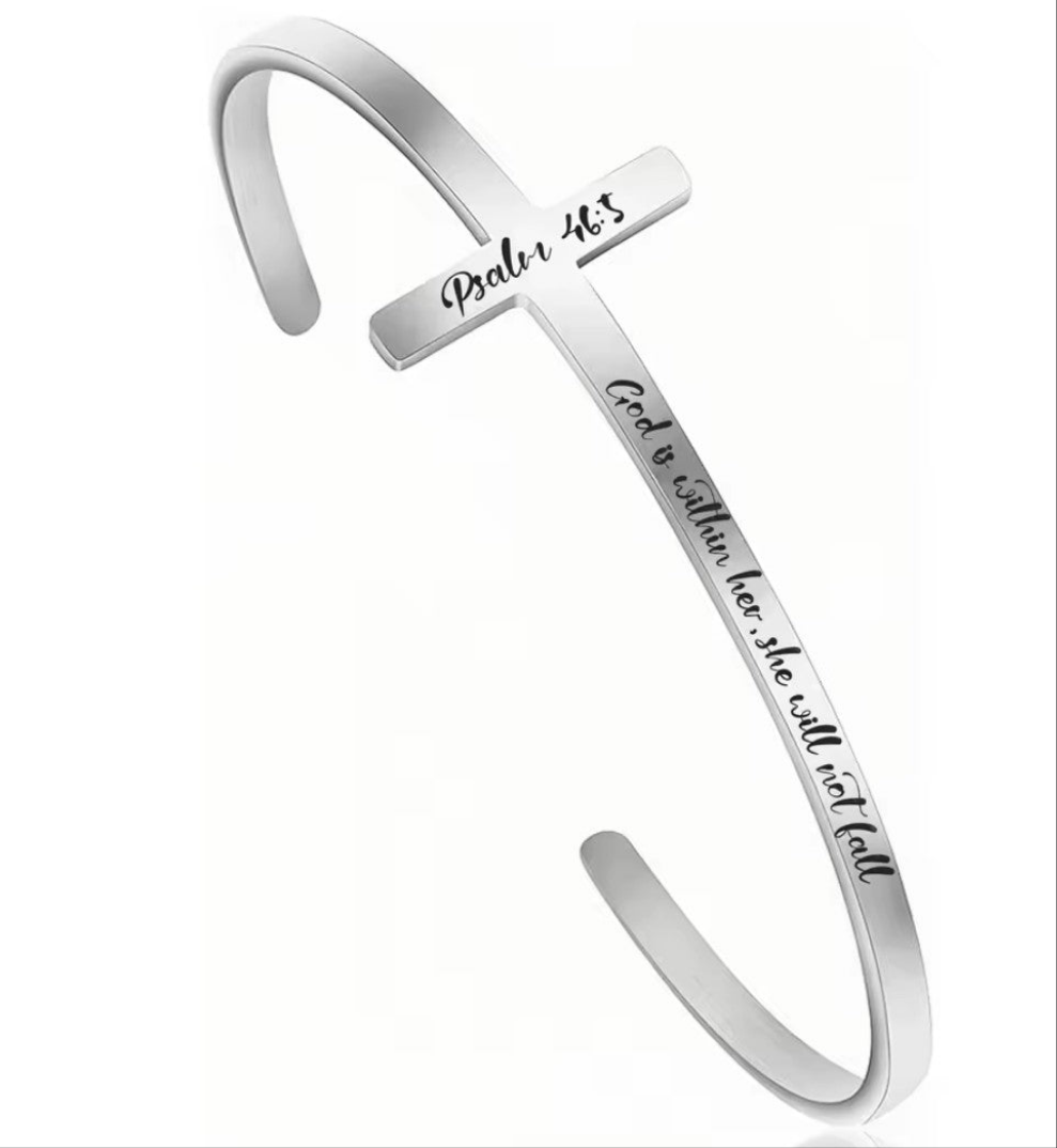 Silver Stainless Steel Scripture Open Cuff Bracelets