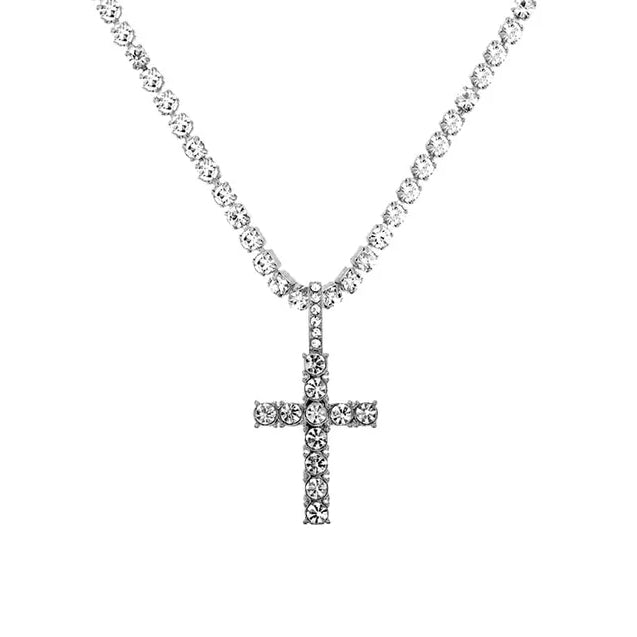 Rhinestone Tennis Necklace with Rhinestone Cross Pendant