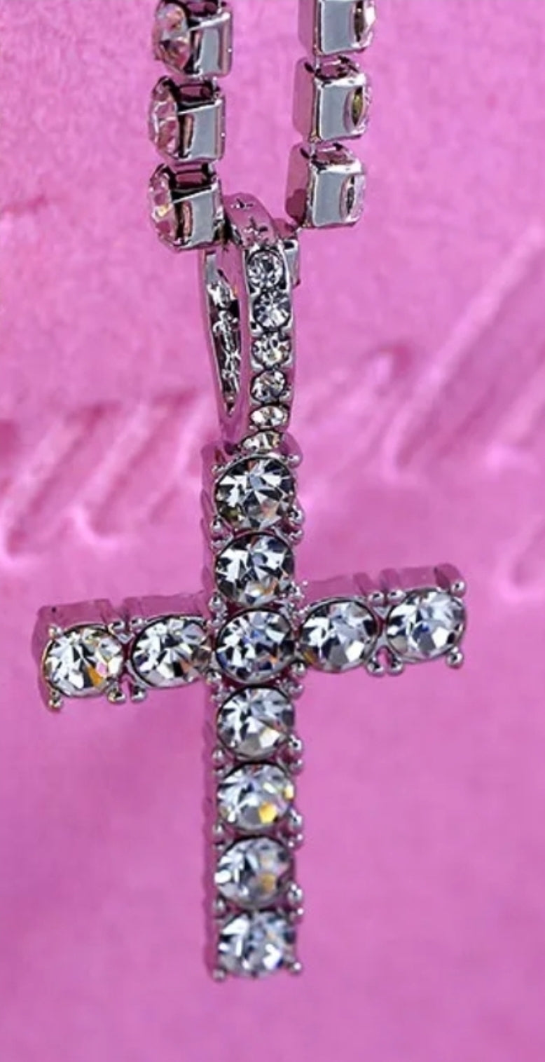 Rhinestone Tennis Necklace with Rhinestone Cross Pendant