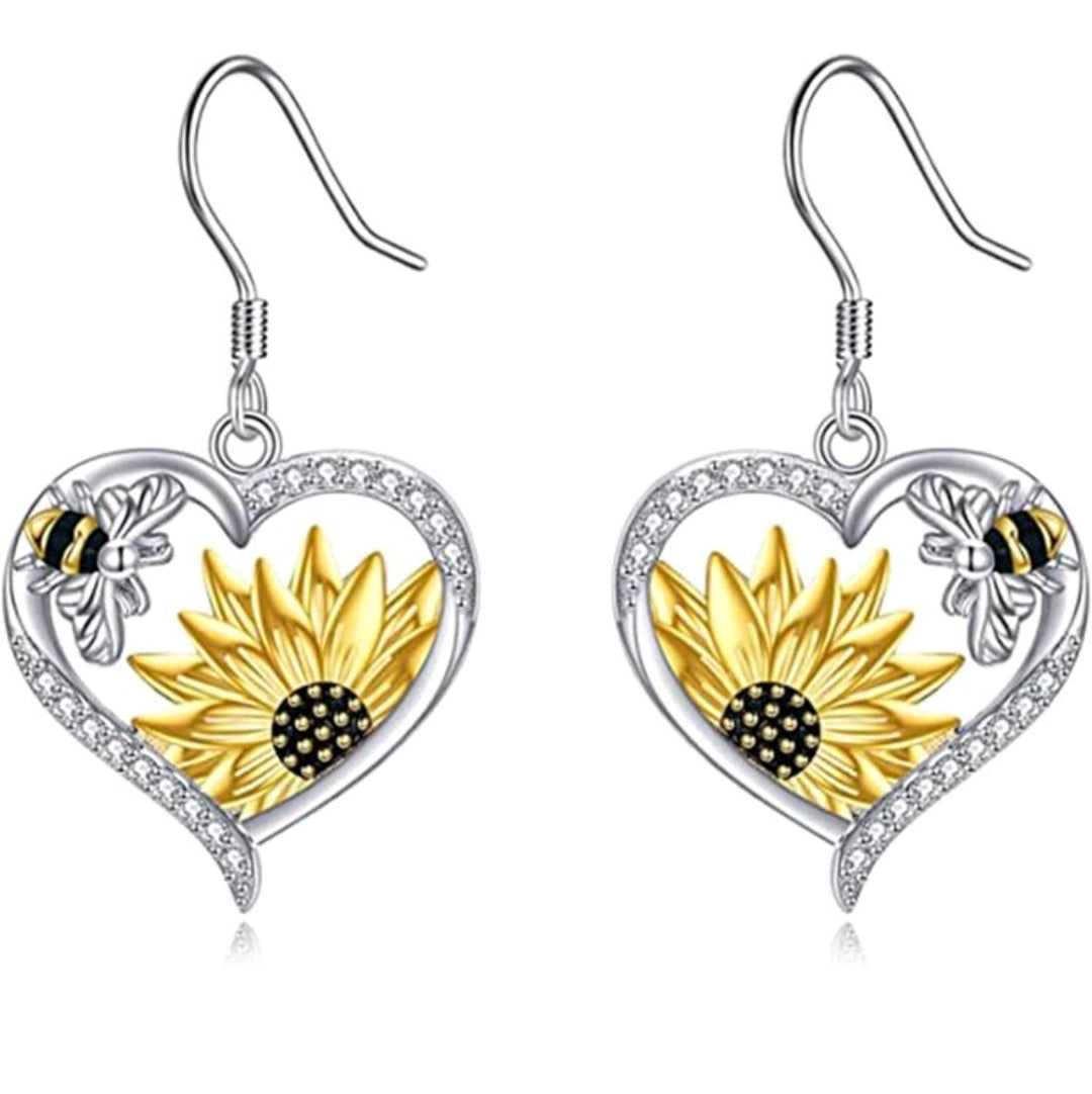 Heart Shaped Bee & Sunflower Pendant Earrings