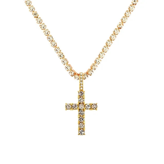 Rhinestone Tennis Necklace with Rhinestone Cross Pendant