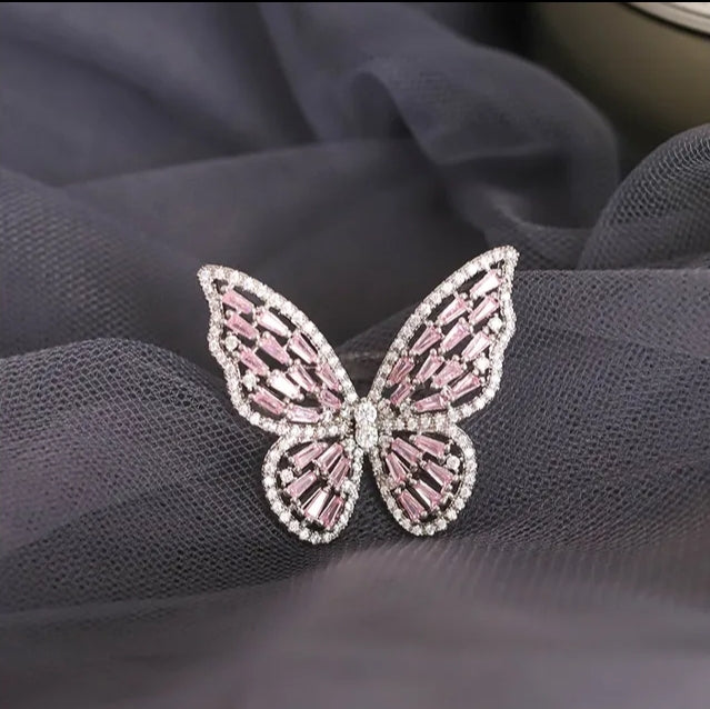 Full Rhinestone Butterfly Ring - Pink/Gold, Silver/Pink or Black/Silver