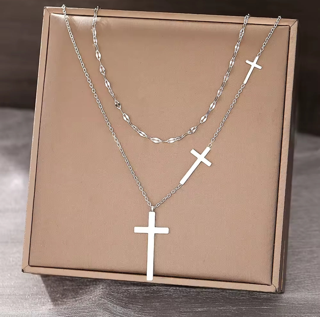 Stainless Steel Double Layered, Cross Necklace
