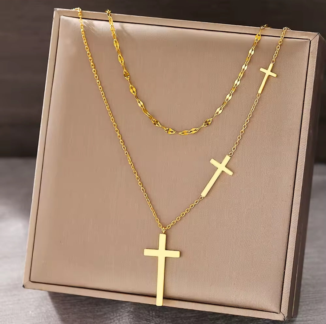 Stainless Steel Double Layered, Cross Necklace