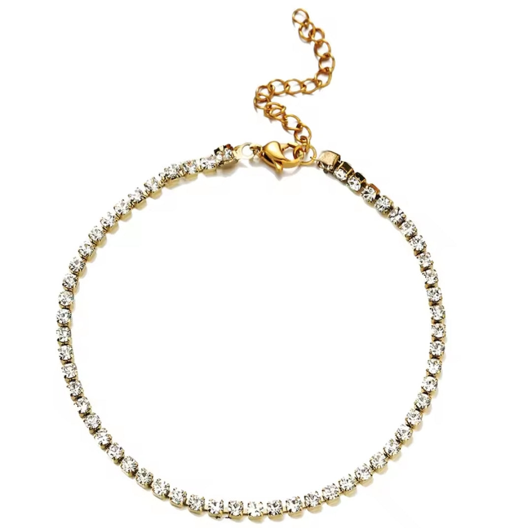 Stainless Steel Dainty Rhinestone Crystals Gold or Silver Tennis Anklets