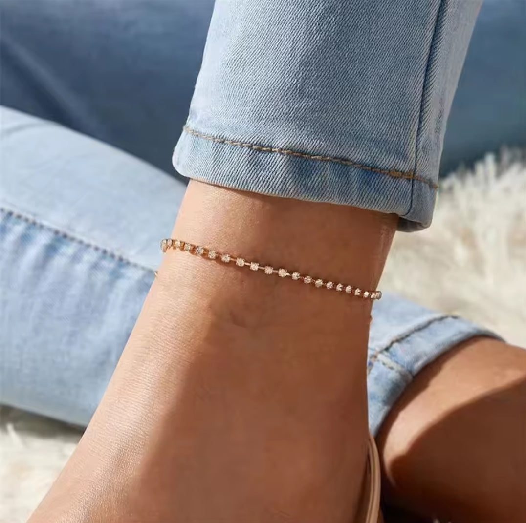 Stainless Steel Dainty Rhinestone Crystals Gold or Silver Tennis Anklets