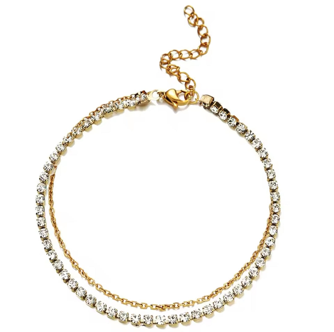 Stainless Steel Dainty Rhinestone Crystals Gold or Silver Tennis Anklets