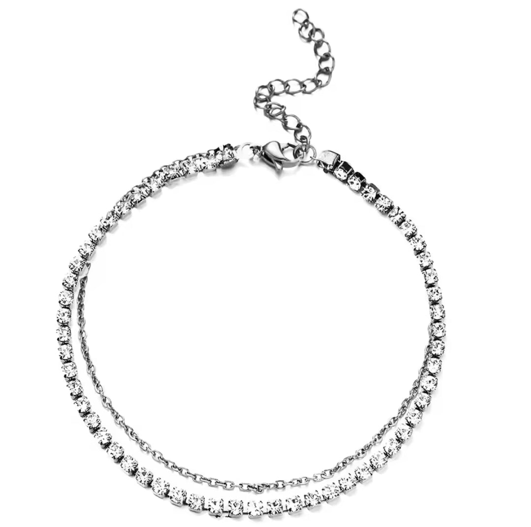 Stainless Steel Dainty Rhinestone Crystals Gold or Silver Tennis Anklets