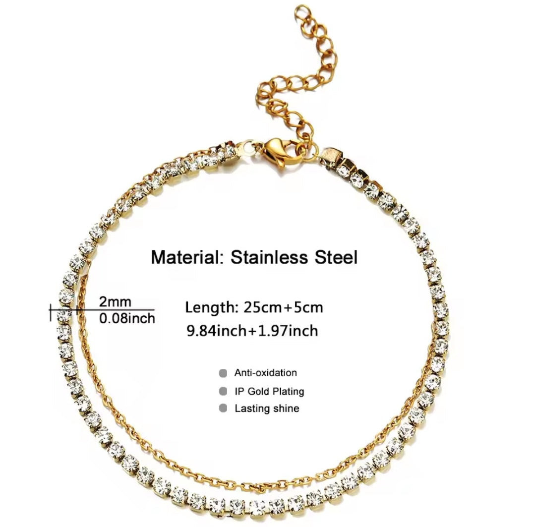 Stainless Steel Dainty Rhinestone Crystals Gold or Silver Tennis Anklets