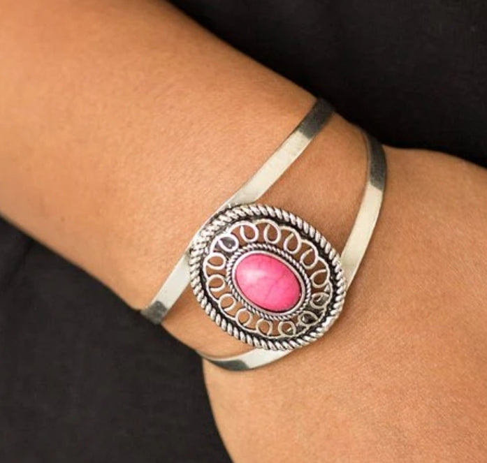 Pink Stone Silver Cuff Bracelet