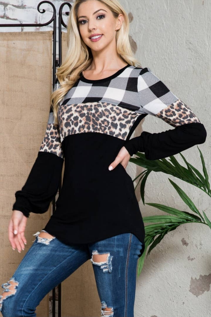 Plaid Leopard Solid Contrast Long Sleeve Top (CLEARANCE)