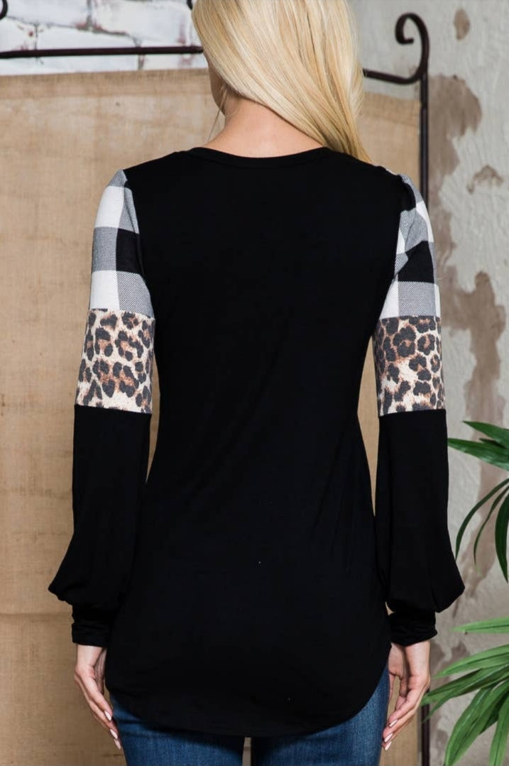 Plaid Leopard Solid Contrast Long Sleeve Top (CLEARANCE)