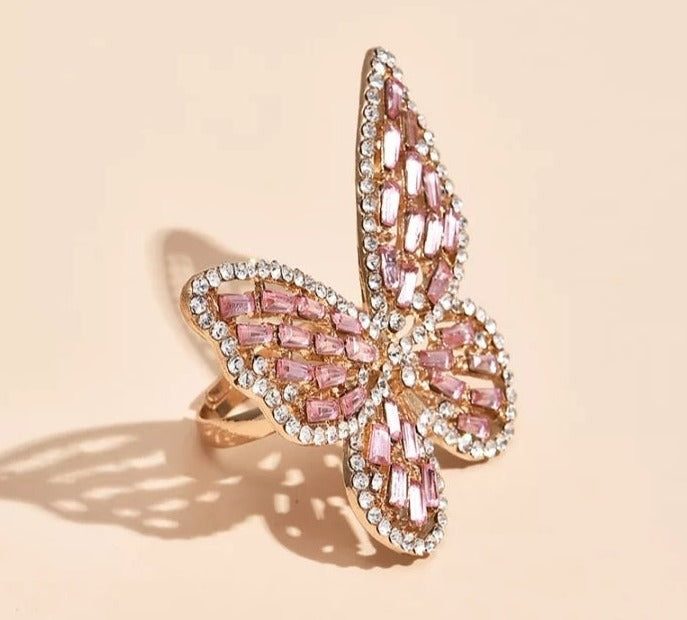 Full Rhinestone Butterfly Ring - Pink/Gold, Silver/Pink or Black/Silver