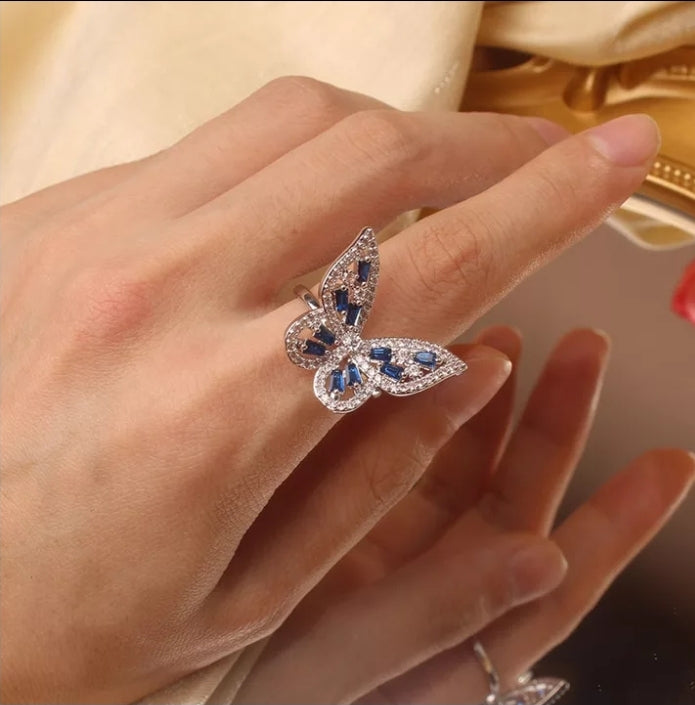 Blue Rhinestone Butterfly Ring