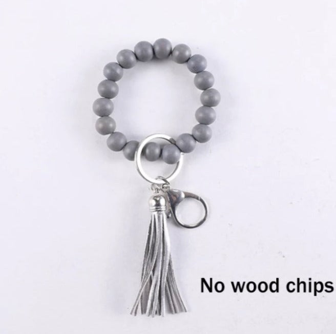 Keychain with Tassel and Wood Beaded Bracelet Keyring (Black, Brown, Grey, Cream or Pink)