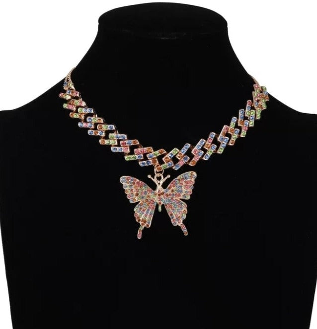 BIG Butterfly Pendent on a Cuban Link Chain with Rhinestones (Silver, Multi-Color or Gold Available)