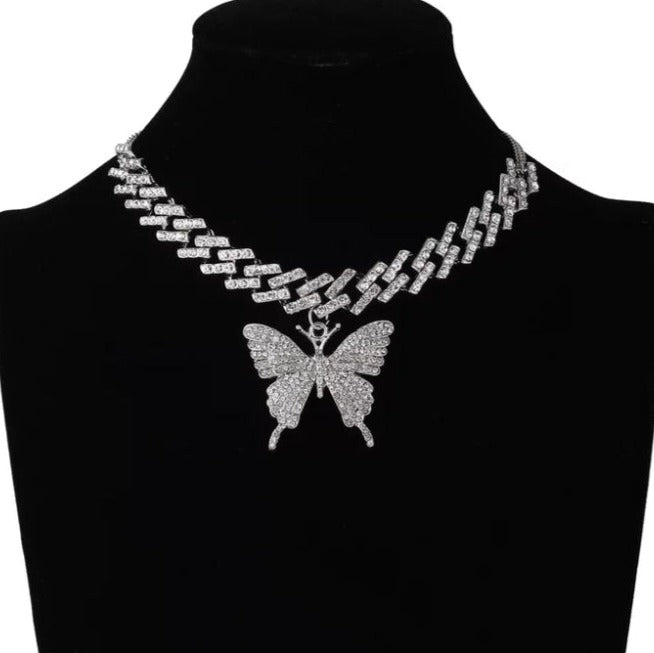 BIG Butterfly Pendent on a Cuban Link Chain with Rhinestones (Silver, Multi-Color or Gold Available)