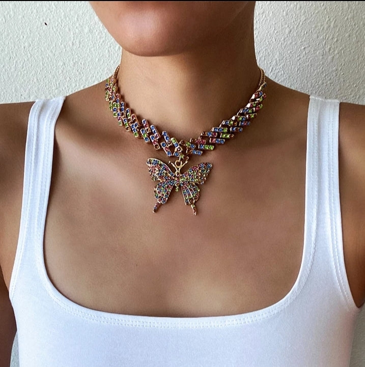 BIG Butterfly Pendent on a Cuban Link Chain with Rhinestones (Silver, Multi-Color or Gold Available)