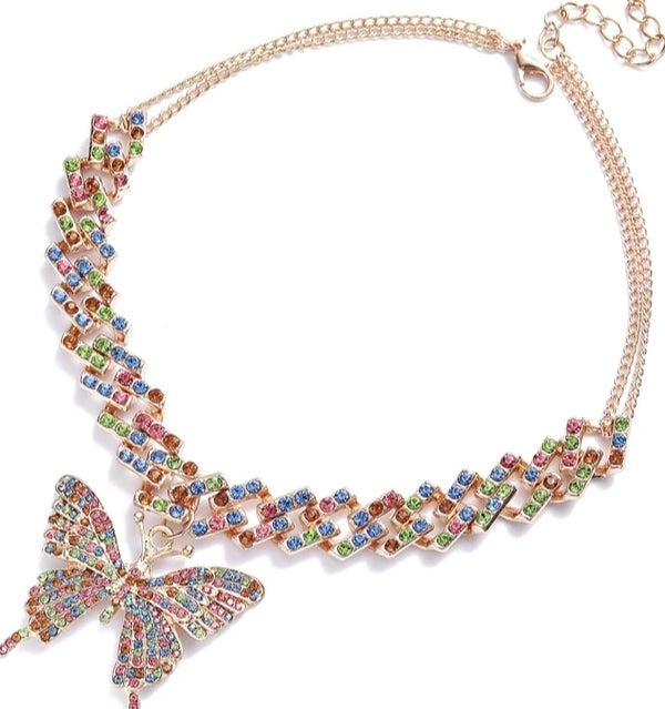 BIG Butterfly Pendent on a Cuban Link Chain with Rhinestones (Silver, Multi-Color or Gold Available)