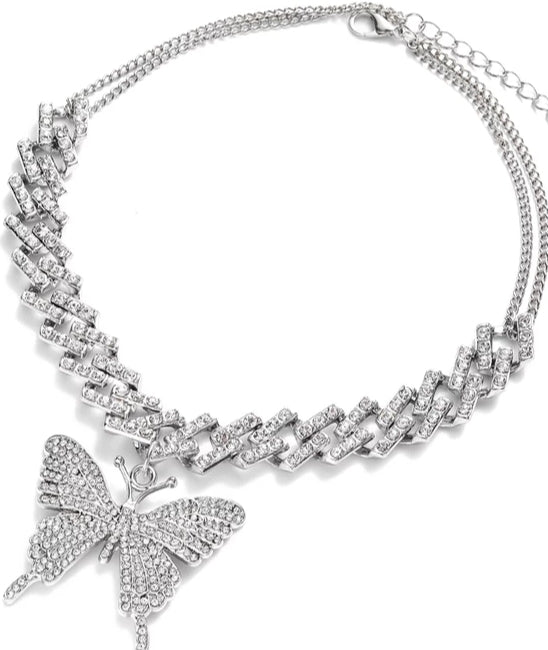 BIG Butterfly Pendent on a Cuban Link Chain with Rhinestones (Silver, Multi-Color or Gold Available)