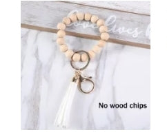 Keychain with Tassel and Wood Beaded Bracelet Keyring (Black, Brown, Grey, Cream or Pink)