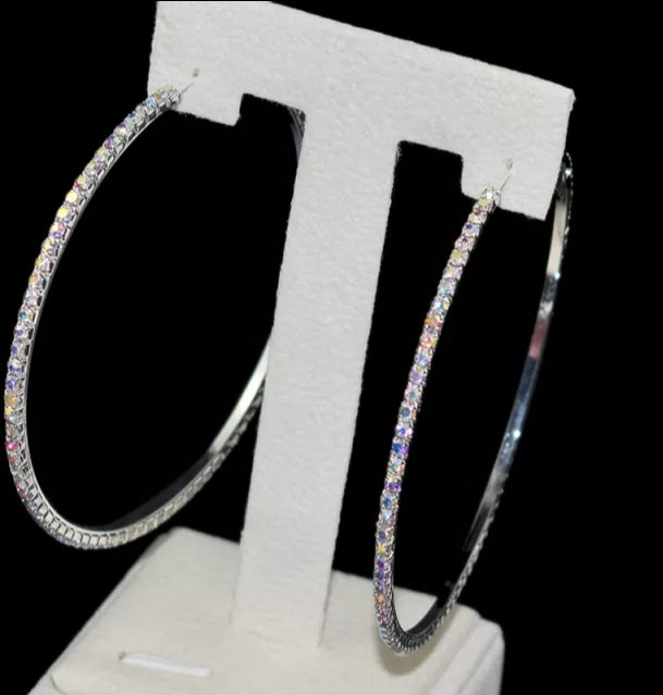 Silver Plated, AB Crystal Big Hoop Earrings