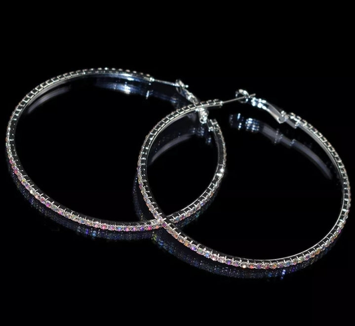 Silver Plated, AB Crystal Big Hoop Earrings