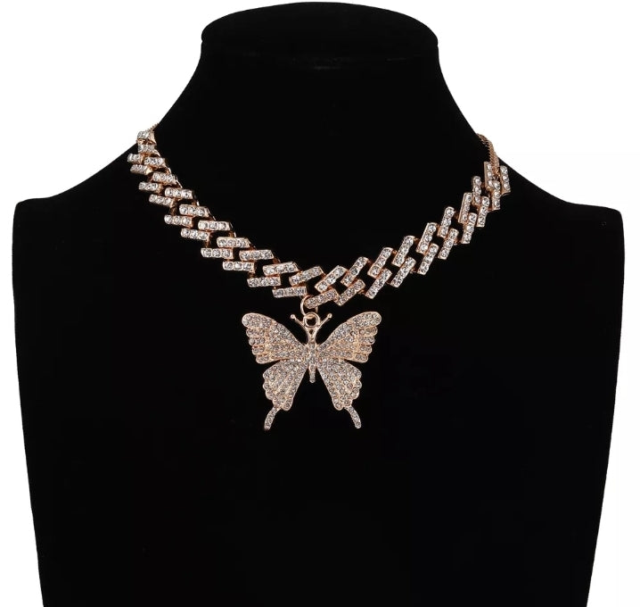 BIG Butterfly Pendent on a Cuban Link Chain with Rhinestones (Silver, Multi-Color or Gold Available)