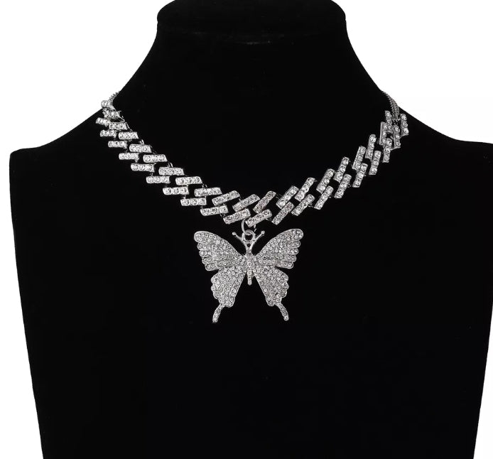 BIG Butterfly Pendent on a Cuban Link Chain with Rhinestones (Silver, Multi-Color or Gold Available)