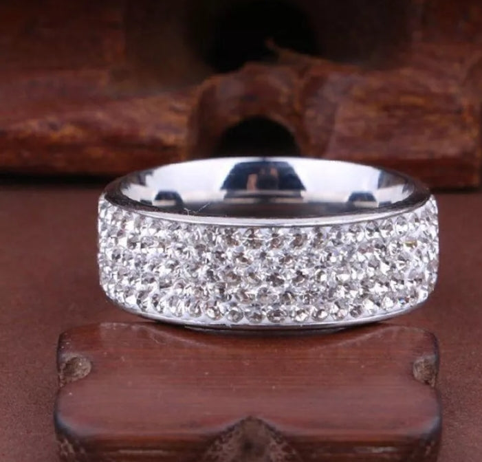 Stainless Steel Ring with 5 Rows of Crystal, Rhinestones (Sizes 6,7,8,9 and 10 Available)