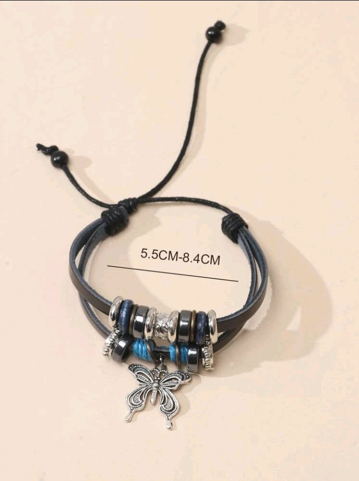 Urban Butterfly Charm Layered Bracelet - Pull String