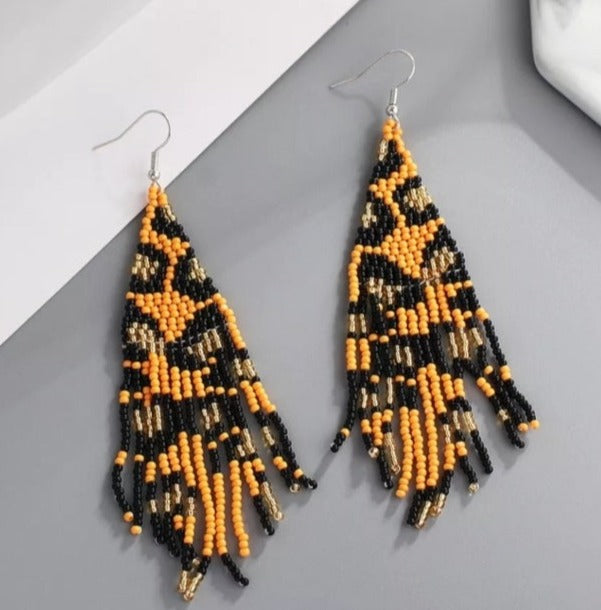 Leopard Print, Seed Bead (Orange, Gold, and Black) Earrings