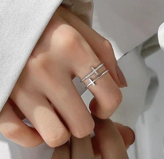 Double-Layer Cross with AAA CZ Stones, Adjustable Ring (Silver or Gold)