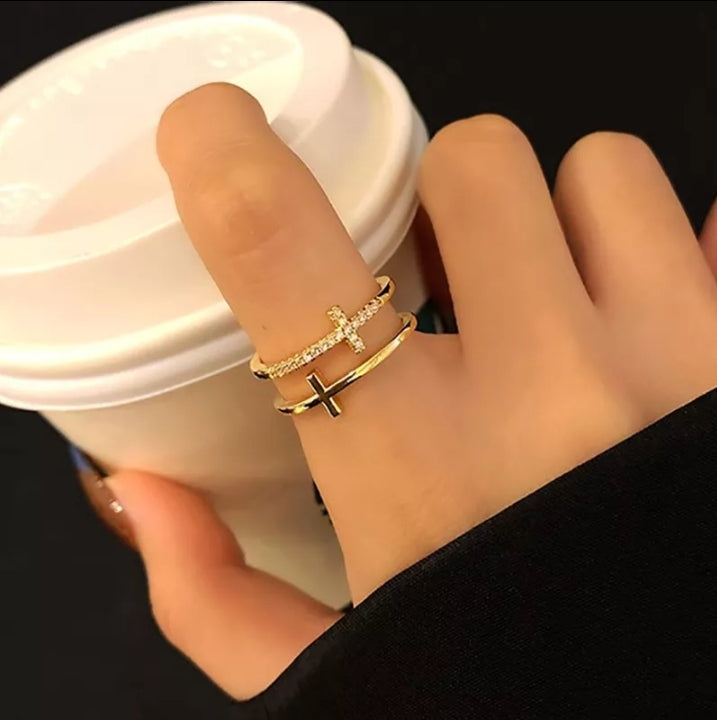 Double-Layer Cross with AAA CZ Stones, Adjustable Ring (Silver or Gold)