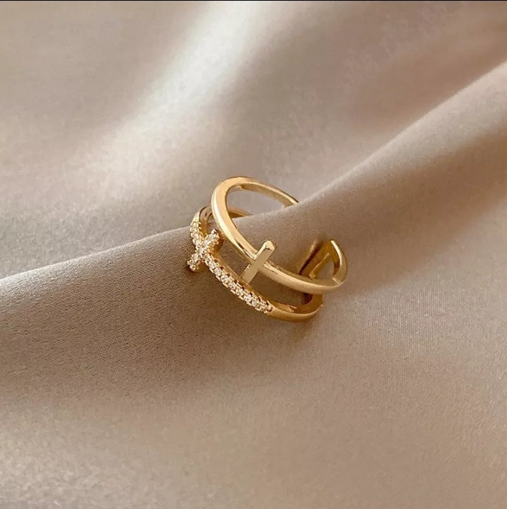 Double-Layer Cross with AAA CZ Stones, Adjustable Ring (Silver or Gold)