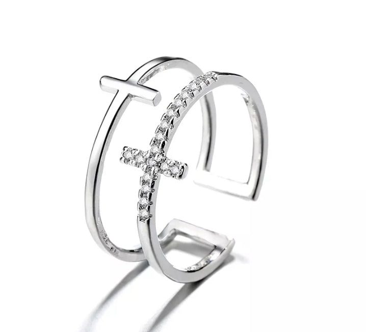 Double-Layer Cross with AAA CZ Stones, Adjustable Ring (Silver or Gold)