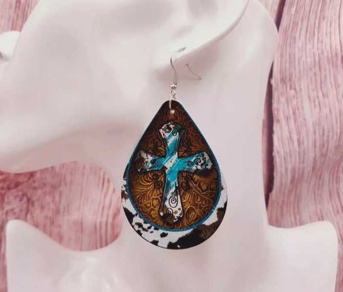 Western Turquoise Cross Print or Sunflower Cowhide Leather Earrings
