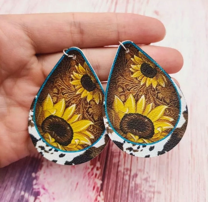 Western Turquoise Cross Print or Sunflower Cowhide Leather Earrings