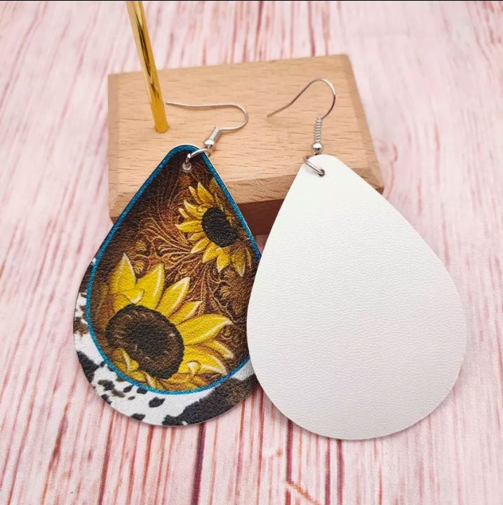 Western Turquoise Cross Print or Sunflower Cowhide Leather Earrings