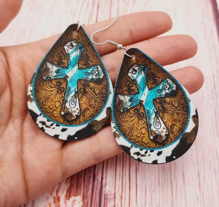 Western Turquoise Cross Print or Sunflower Cowhide Leather Earrings