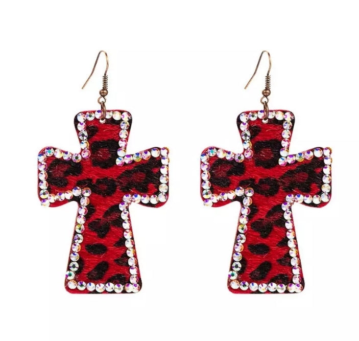 AB Crystal Leather Leopard Print Cross Drop Earrings