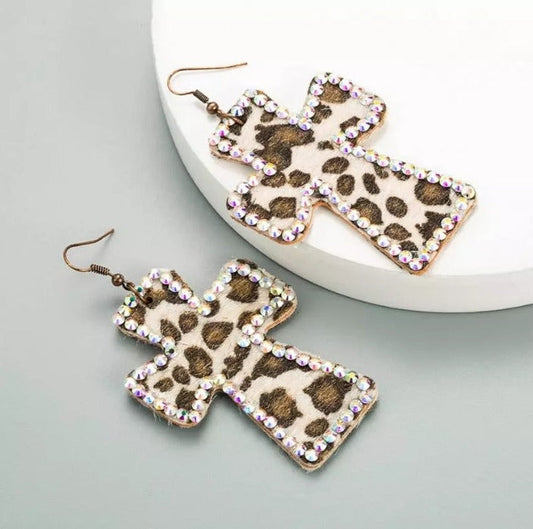 AB Crystal Leather Leopard Print Cross Drop Earrings