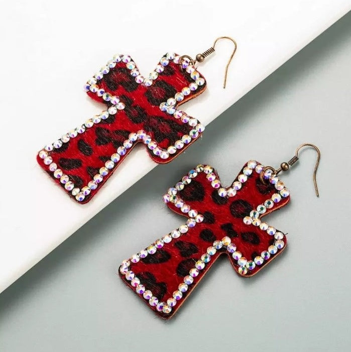 AB Crystal Leather Leopard Print Cross Drop Earrings