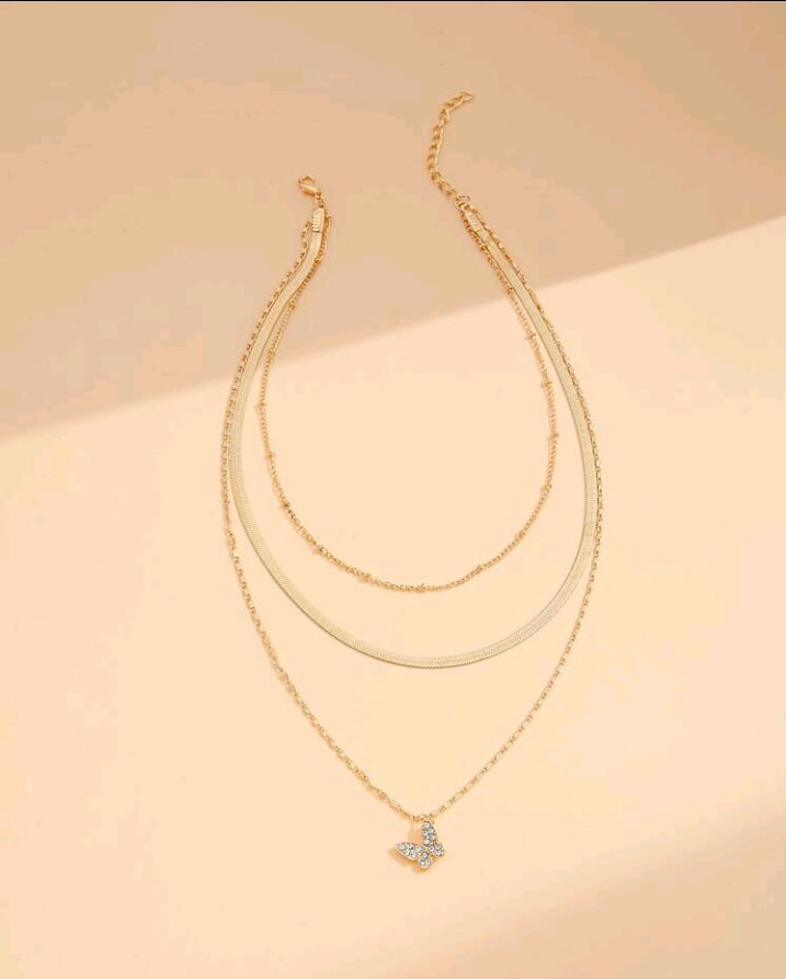 Rhinestone Butterfly Pendant Layered Necklace