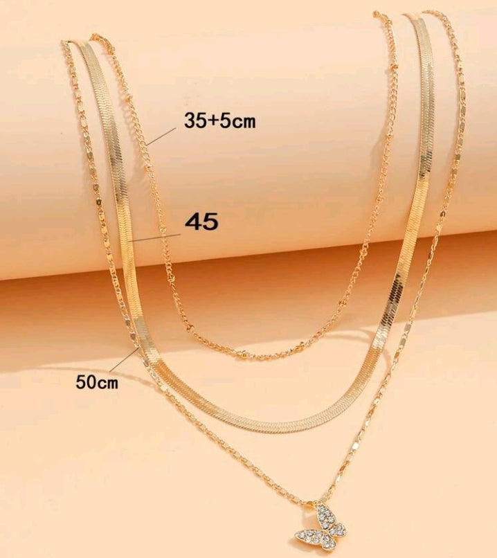 Rhinestone Butterfly Pendant Layered Necklace