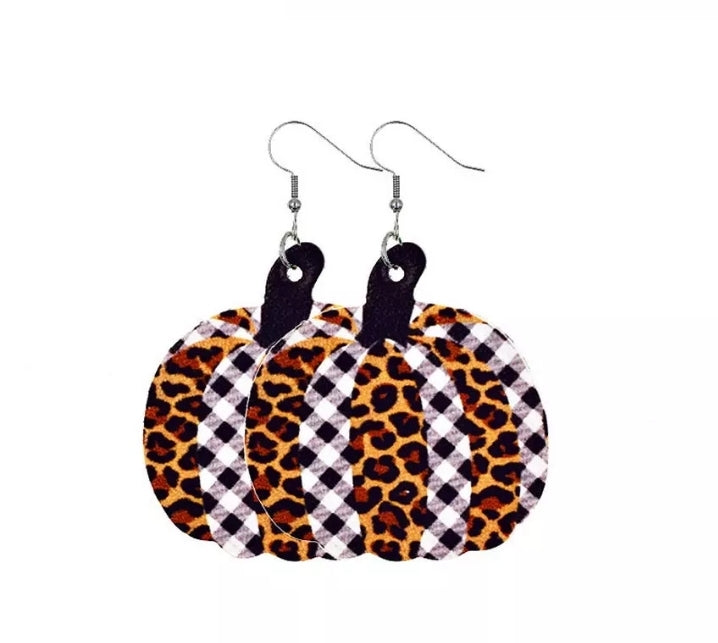 Leopard/ Checkered Pumpkin Earrings